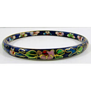 Vintage Asian Cloisonne Royal Blue Enamel Flowers Bangle Bracelet